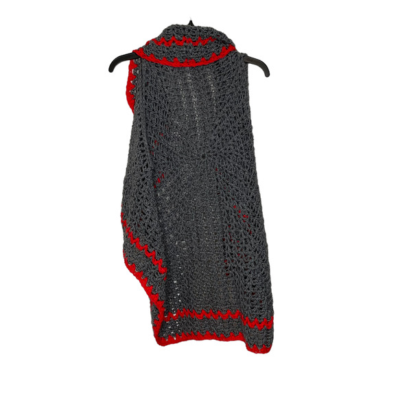 Vintage Hand Knit Afghan Sweater‎ Vest Jacket Gray Red Open Size Medium? - Picture 5 of 5